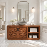 Natural solid wood bathroom vanity with monstera doors and practical side shelving