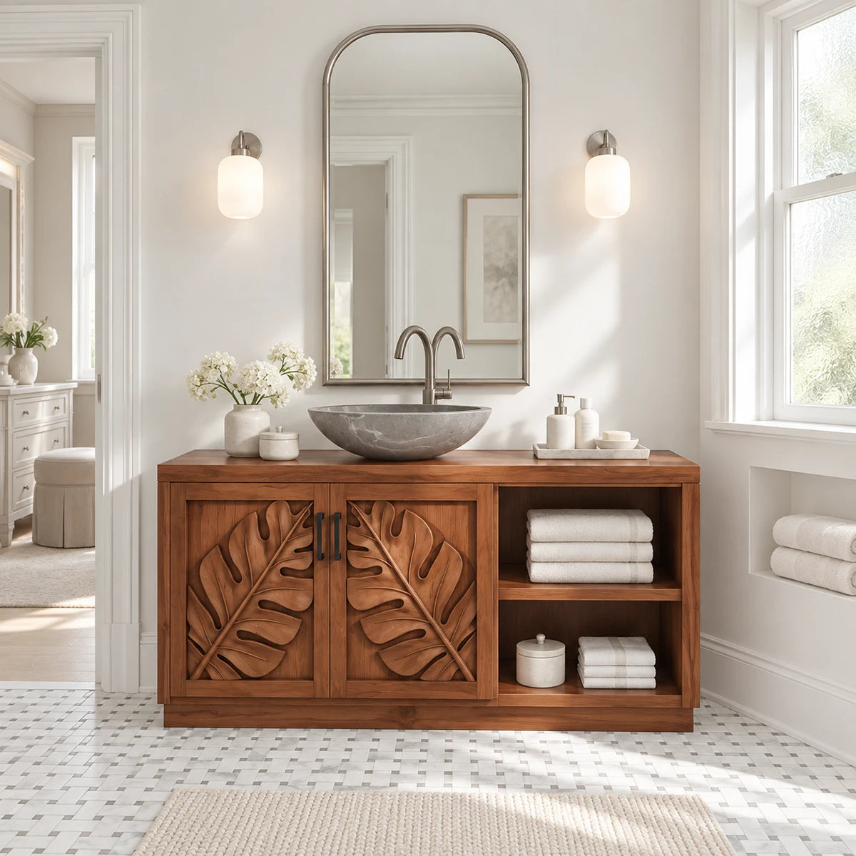 Monstera leaf bathroom vanity in natural solid wood with two doors and side shelves