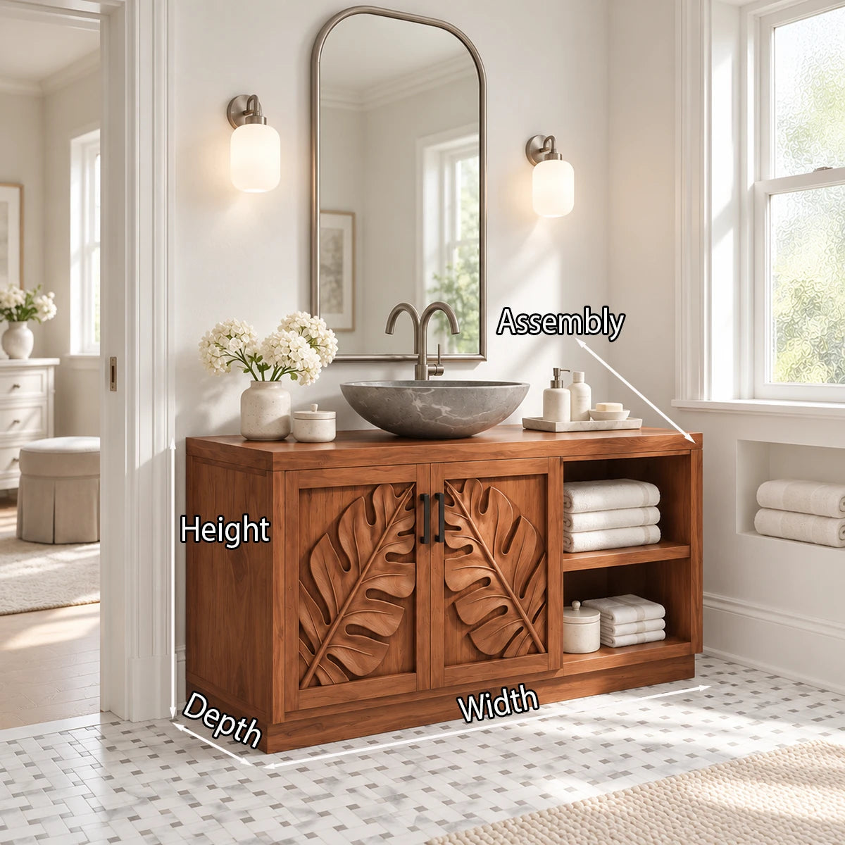 Traditional sink vanity in natural solid wood with two doors and open side storage