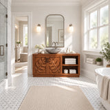 Freestanding bath vanity in natural solid wood with vessel sink and open right storage