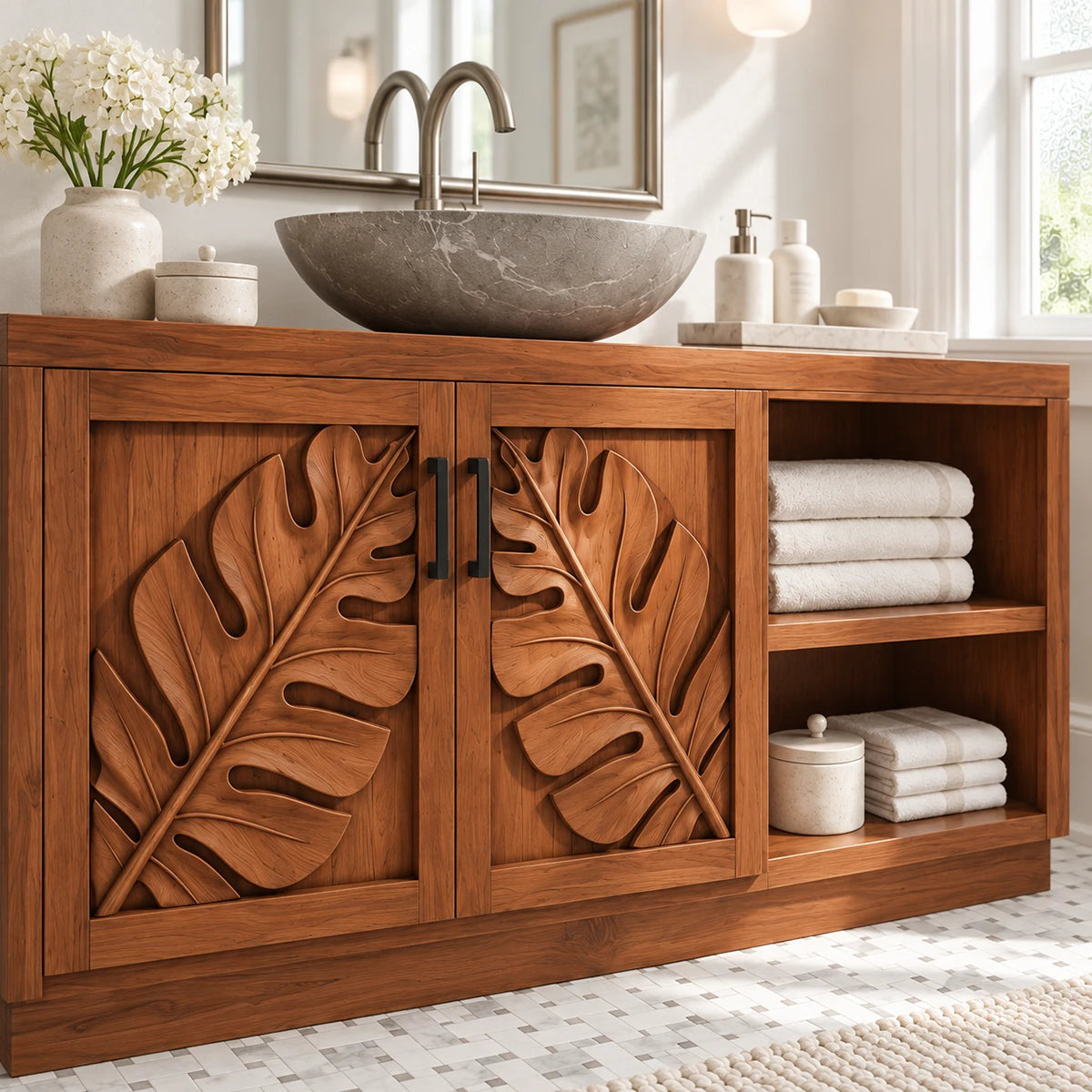 Botanical vanity cabinet in natural solid wood with leaf panels and open side cubbies