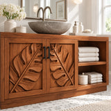 Botanical vanity cabinet in natural solid wood with leaf panels and open side cubbies
