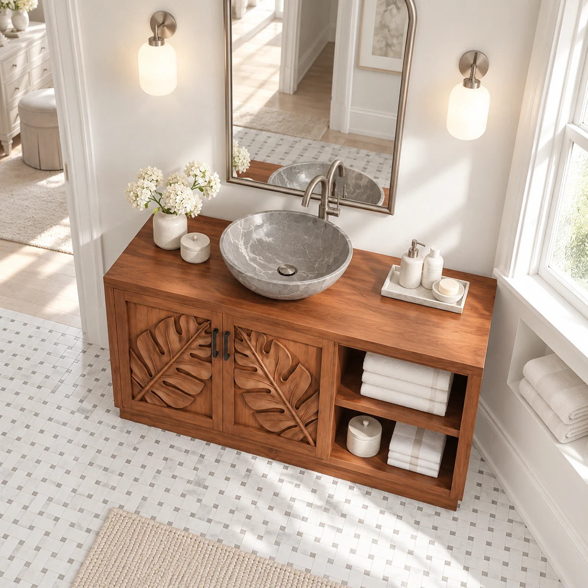 Nature inspired bath vanity in natural solid wood with vessel basin and two doors