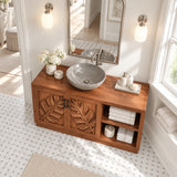 Nature inspired bath vanity in natural solid wood with vessel basin and two doors