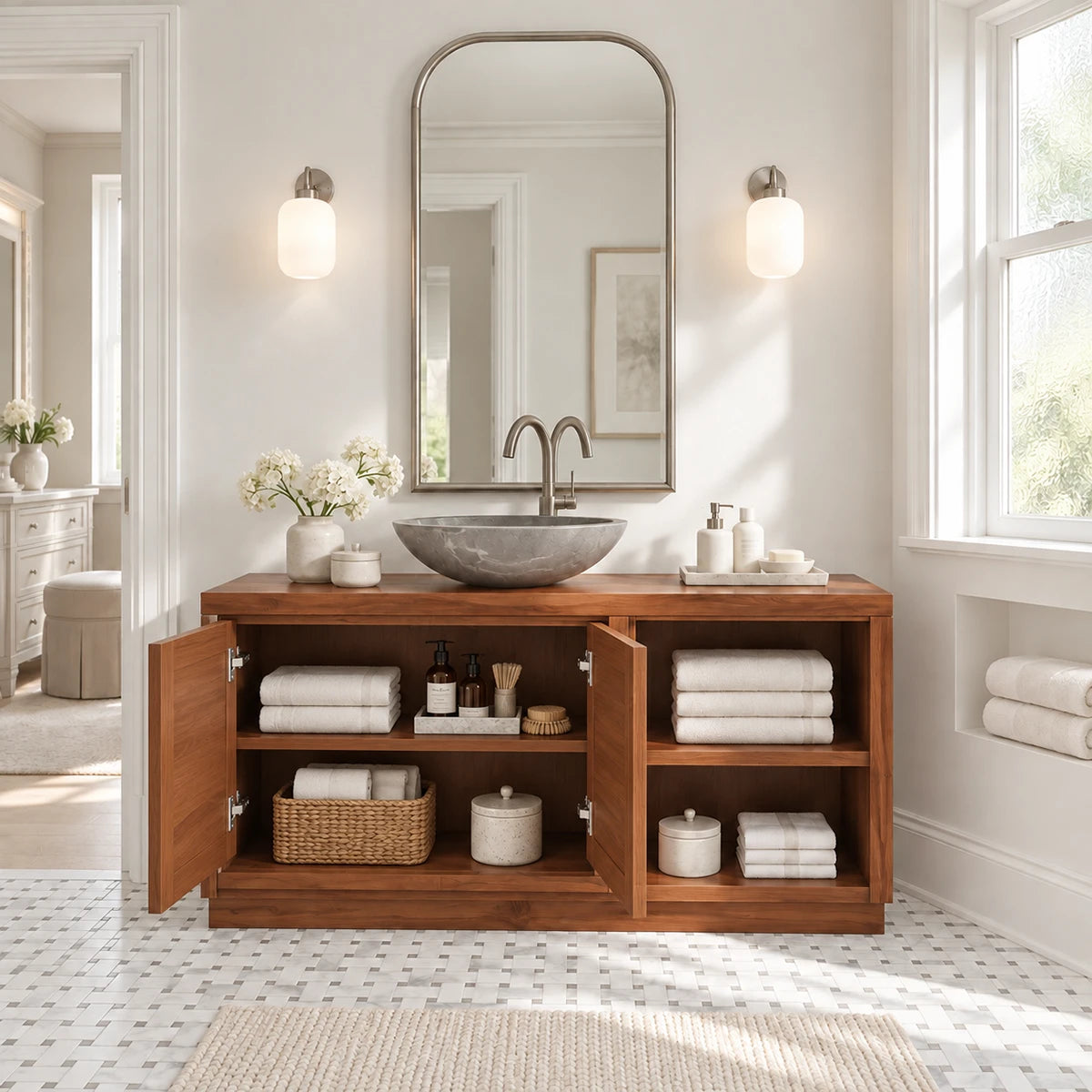 Carved leaf bathroom vanity in natural solid wood with open shelving and black handles