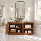 Carved leaf bathroom vanity in natural solid wood with open shelving and black handles