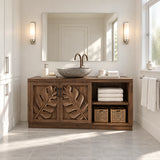 Storage vanity unit in natural solid wood with two doors and right side shelf space