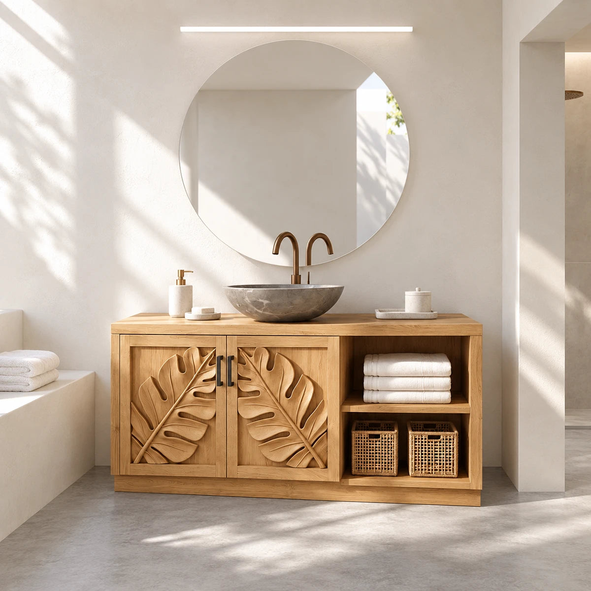 Designer bathroom vanity in natural solid wood with botanical fronts and vessel sink