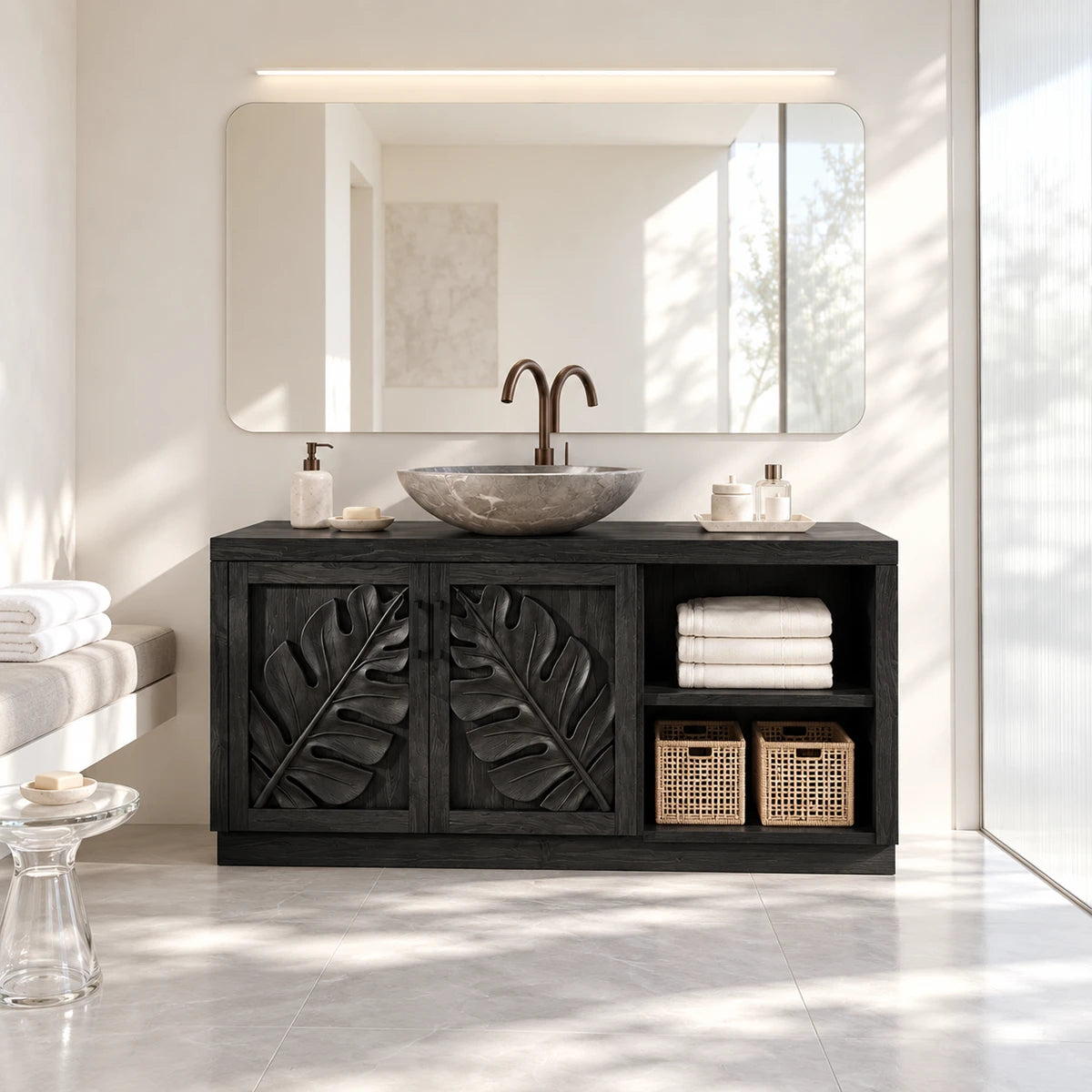 Decorative bath vanity in natural solid wood with carved leaves and towel cubbies