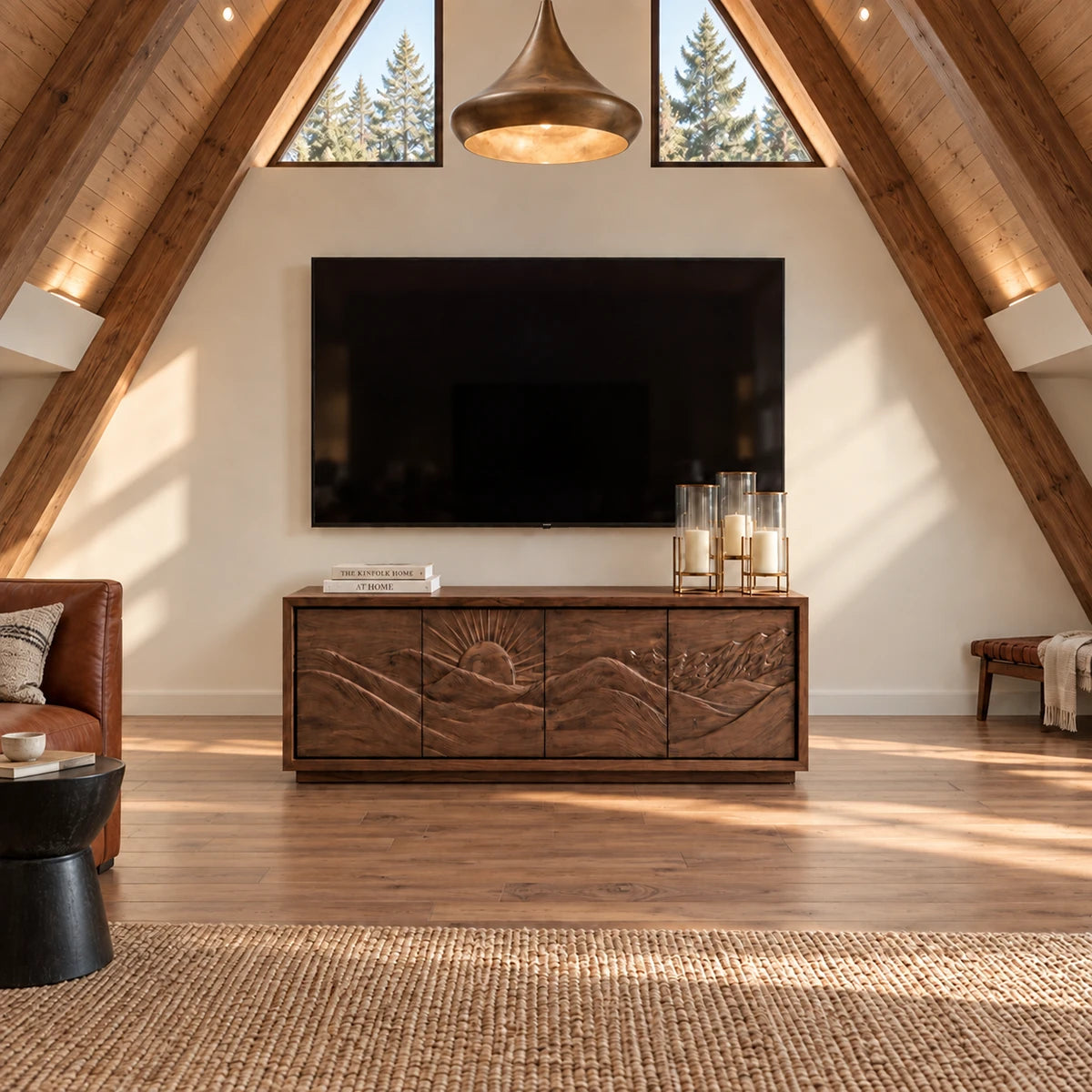 Wide entertainment console in solid wood with carved landscape doors and storage
