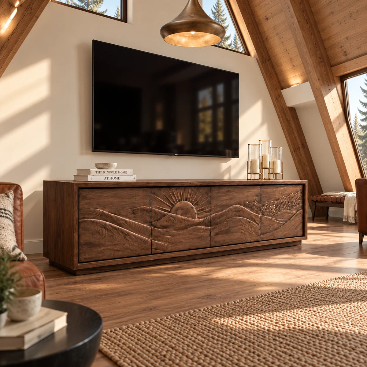 Carved entertainment center in solid wood with mountain scene and hidden storage

