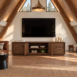 Statement media cabinet in solid wood with sunrise landscape carving and long frame
