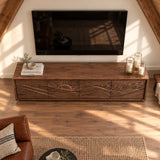 Minimalist TV cabinet in solid wood with scenic relief doors and spacious storage
