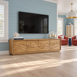 Architectural media stand in solid wood with mountain relief and modern low profile
