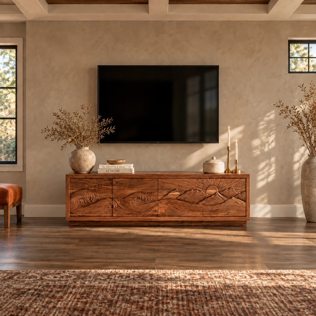 Functional media unit in solid wood with artistic relief doors and roomy interior

