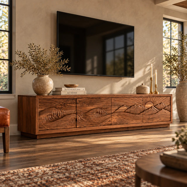 Solid wood TV stand with carved wave and mountain relief for a warm living room setting
