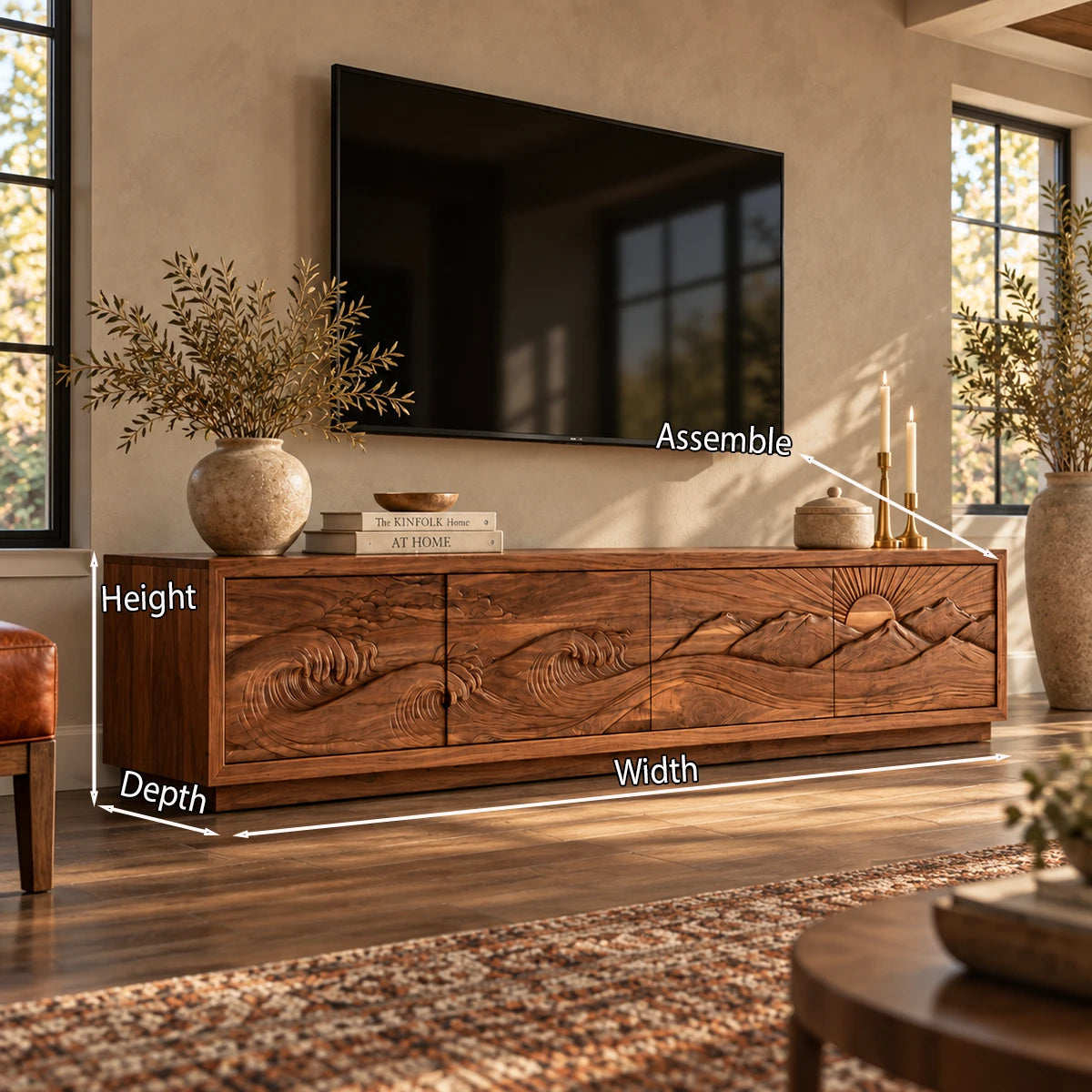 Refined TV media cabinet in solid wood with mountain artwork and smooth profile base
