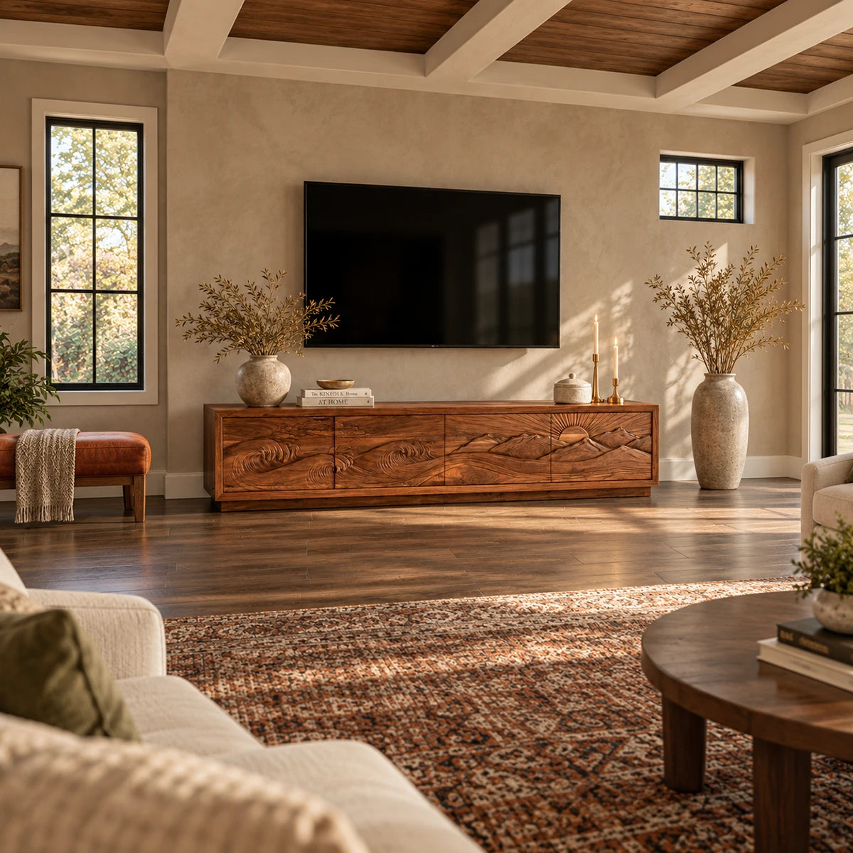 Modern media console in solid wood with scenic front panels and low wide storage
