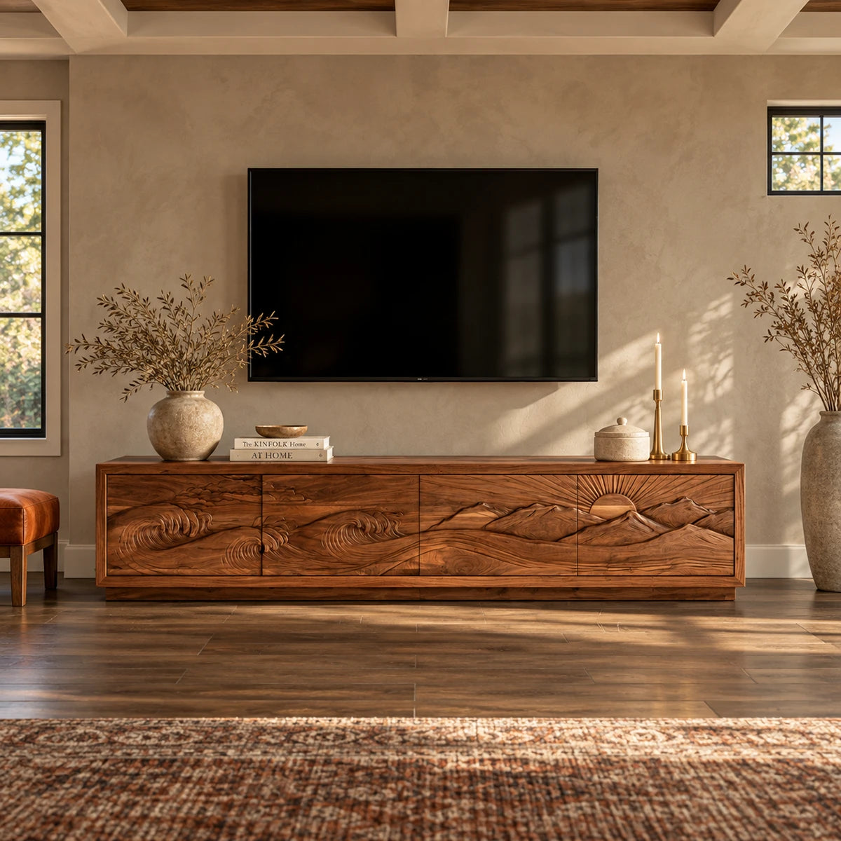 Entertainment center in solid wood with hand-carved landscape doors and clean lines
