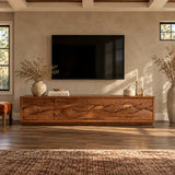 Entertainment center in solid wood with hand-carved landscape doors and clean lines

