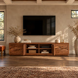 Statement media cabinet in solid wood with artistic relief panels and hidden storage
