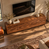 Minimalist TV cabinet in solid wood with sunset mountain carving and sleek base design
