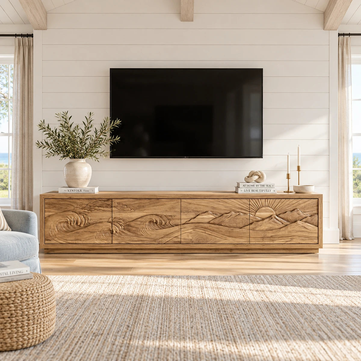 Architectural media stand in solid wood with scenic carved facade and storage space
