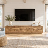 Architectural media stand in solid wood with scenic carved facade and storage space
