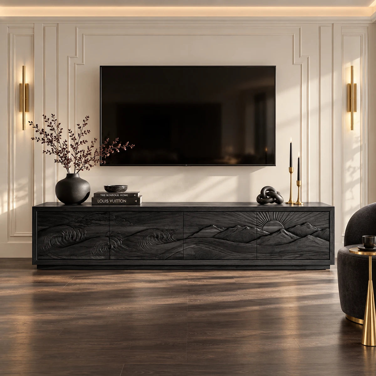 Living room TV console in solid wood with decorative wave doors and wide silhouette
