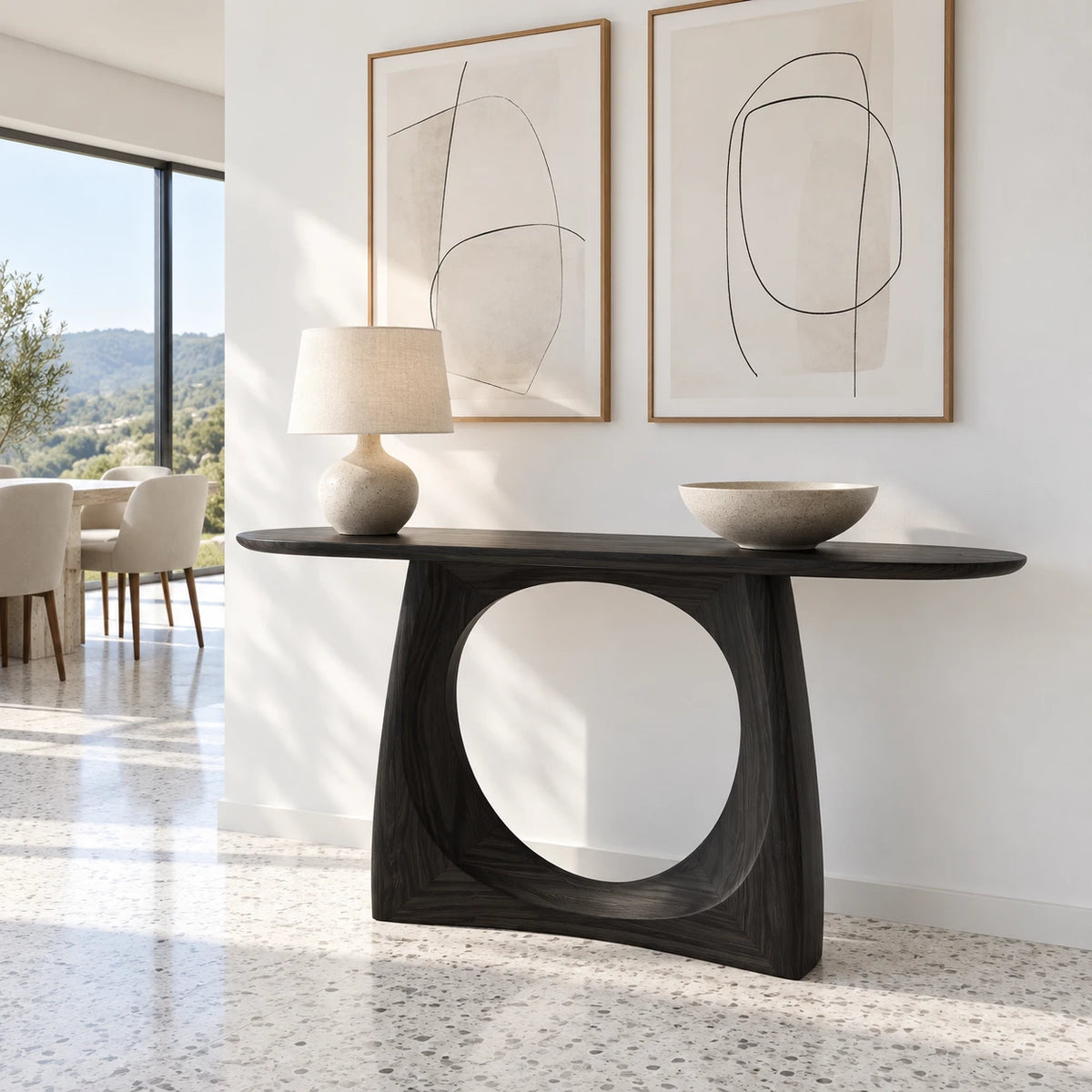 Narrow Console Table with Circular Cut-Out Pedestal and Oval Slab Top - Arboriswood - 10