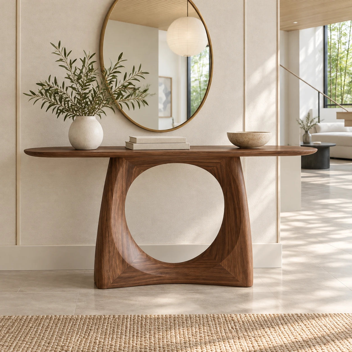 Narrow Console Table with Circular Cut-Out Pedestal and Oval Slab Top - Arboriswood - 2