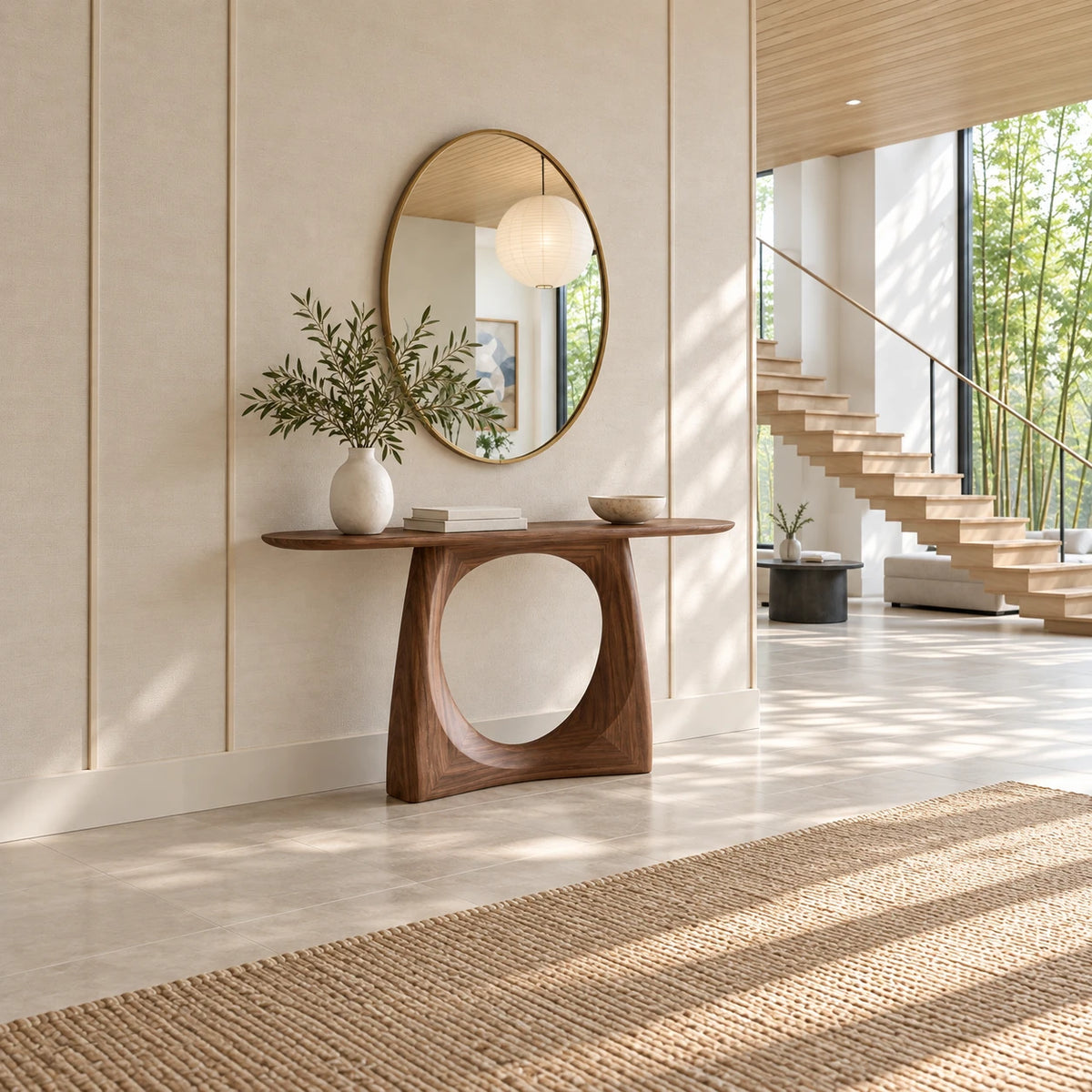 Narrow Console Table with Circular Cut-Out Pedestal and Oval Slab Top - Arboriswood - 3