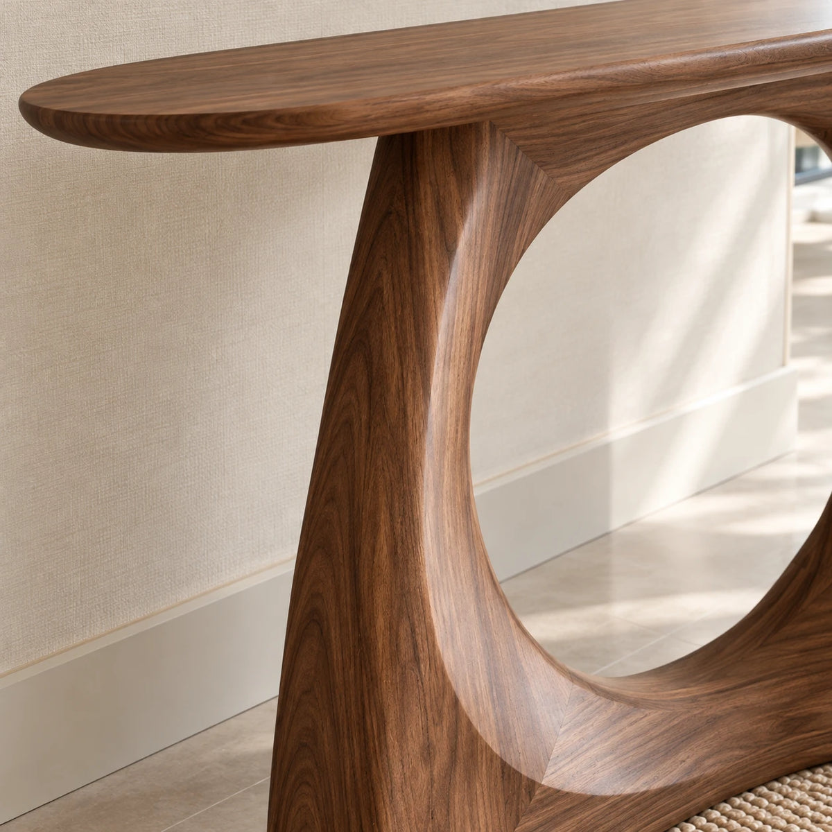 Narrow Console Table with Circular Cut-Out Pedestal and Oval Slab Top - Arboriswood - 4