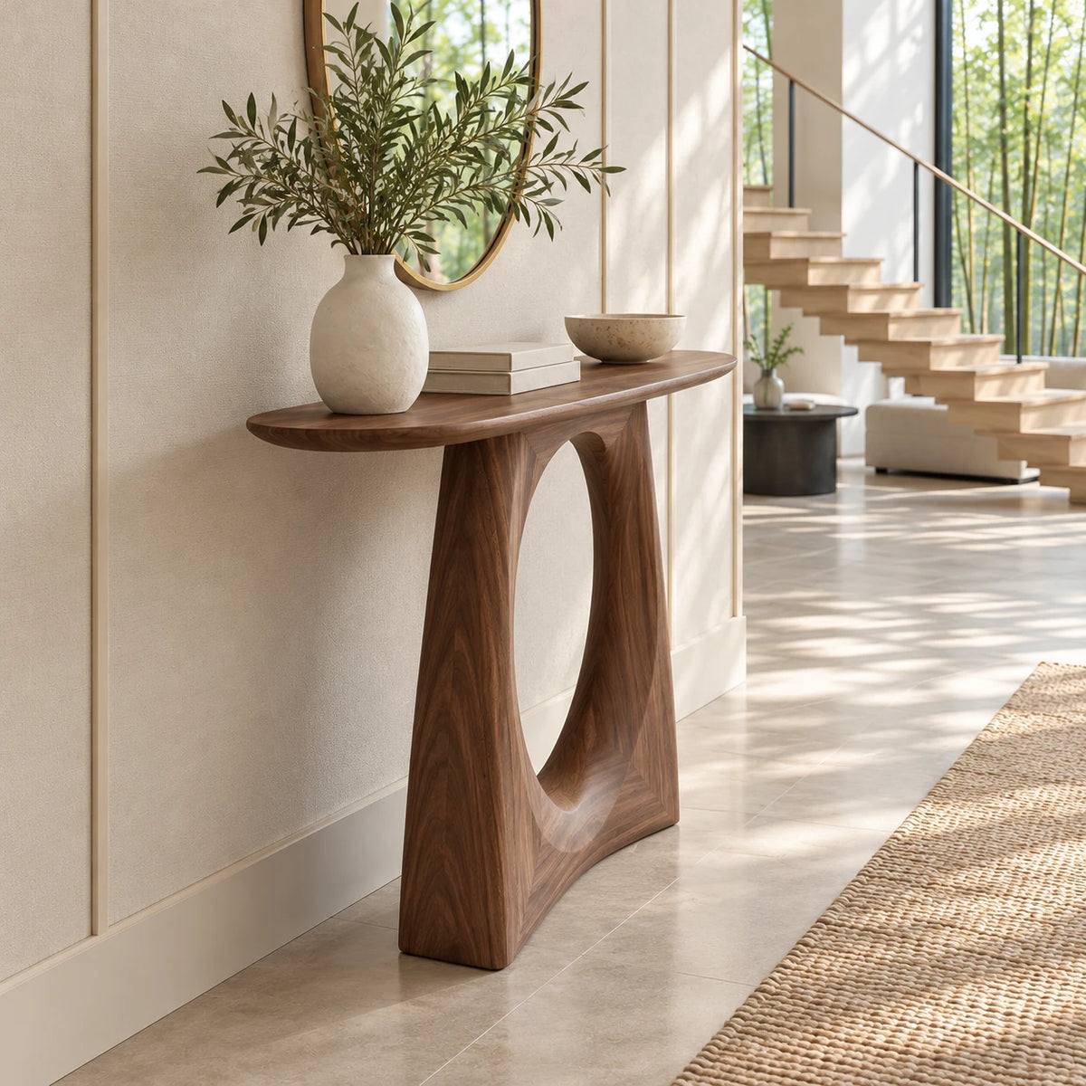 Narrow Console Table with Circular Cut-Out Pedestal and Oval Slab Top - Arboriswood - 6