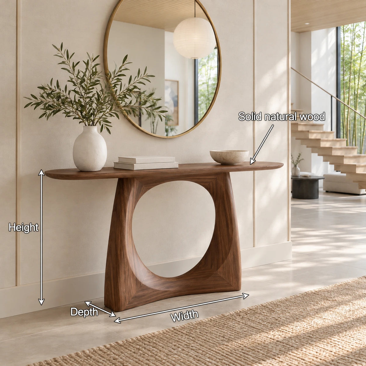 Narrow Console Table with Circular Cut-Out Pedestal and Oval Slab Top - Arboriswood - 7