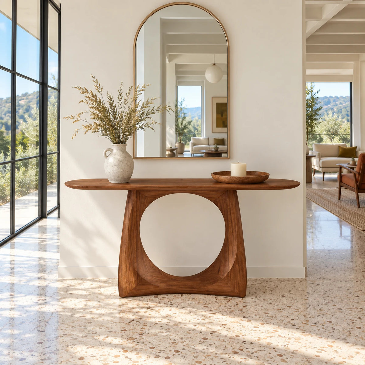 Narrow Console Table with Circular Cut-Out Pedestal and Oval Slab Top - Arboriswood - 9