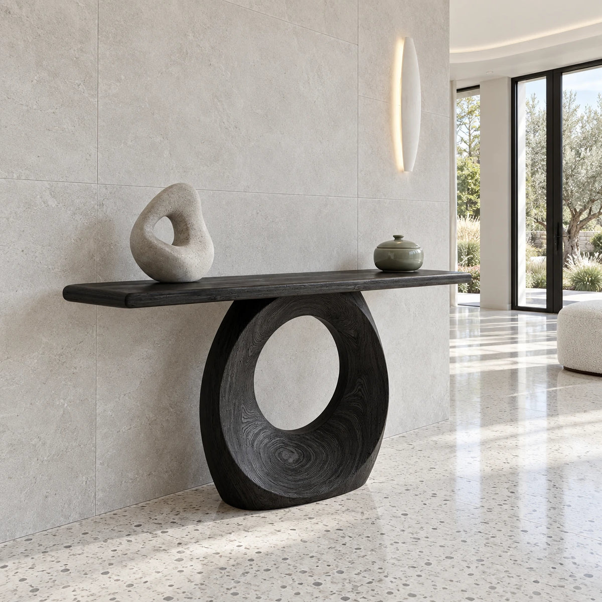 Narrow Console Table with Oval Ring-Pierced Pedestal and Rounded-End Slab Top - Arboriswood - 10