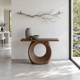 Narrow Console Table with Oval Ring-Pierced Pedestal and Rounded-End Slab Top - Arboriswood - 11