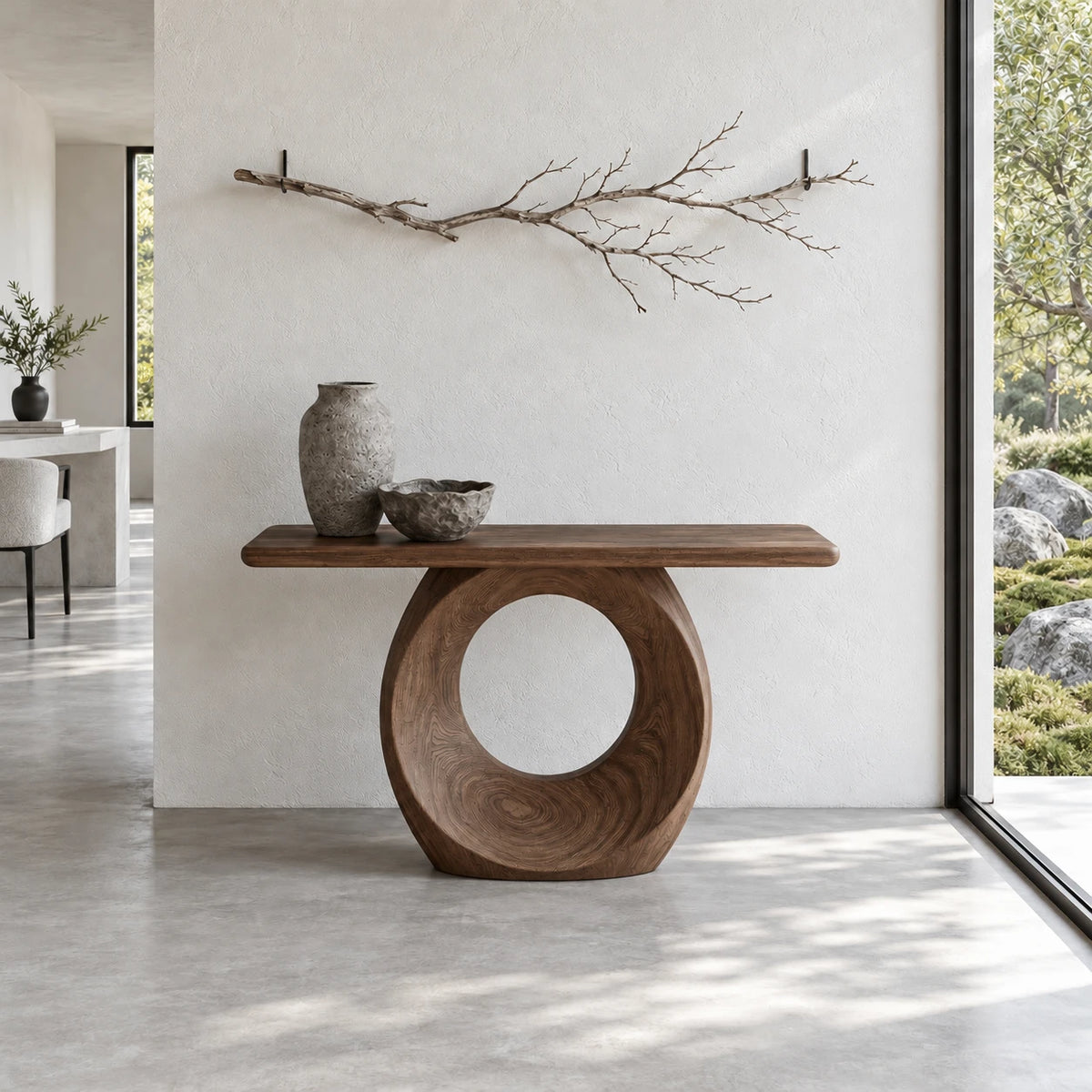 Narrow Console Table with Oval Ring-Pierced Pedestal and Rounded-End Slab Top - Arboriswood - 12