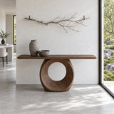 Narrow Console Table with Oval Ring-Pierced Pedestal and Rounded-End Slab Top - Arboriswood - 13