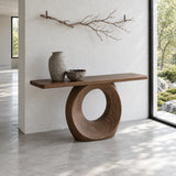 Narrow Console Table with Oval Ring-Pierced Pedestal and Rounded-End Slab Top - Arboriswood - 2