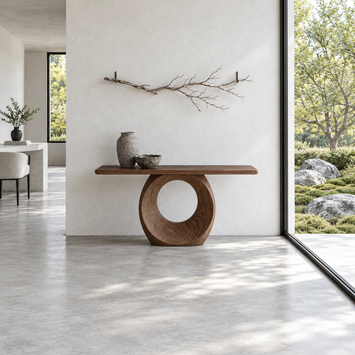 Narrow Console Table with Oval Ring-Pierced Pedestal and Rounded-End Slab Top - Arboriswood - 3