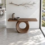 Narrow Console Table with Oval Ring-Pierced Pedestal and Rounded-End Slab Top - Arboriswood - 5