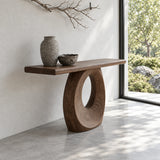 Narrow Console Table with Oval Ring-Pierced Pedestal and Rounded-End Slab Top - Arboriswood - 6