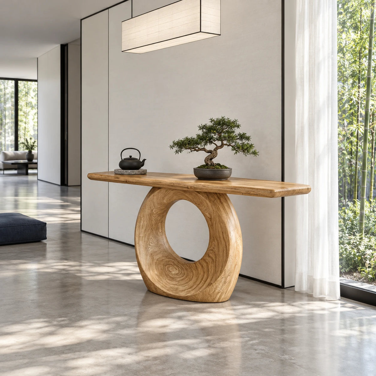 Narrow Console Table with Oval Ring-Pierced Pedestal and Rounded-End Slab Top - Arboriswood - 8