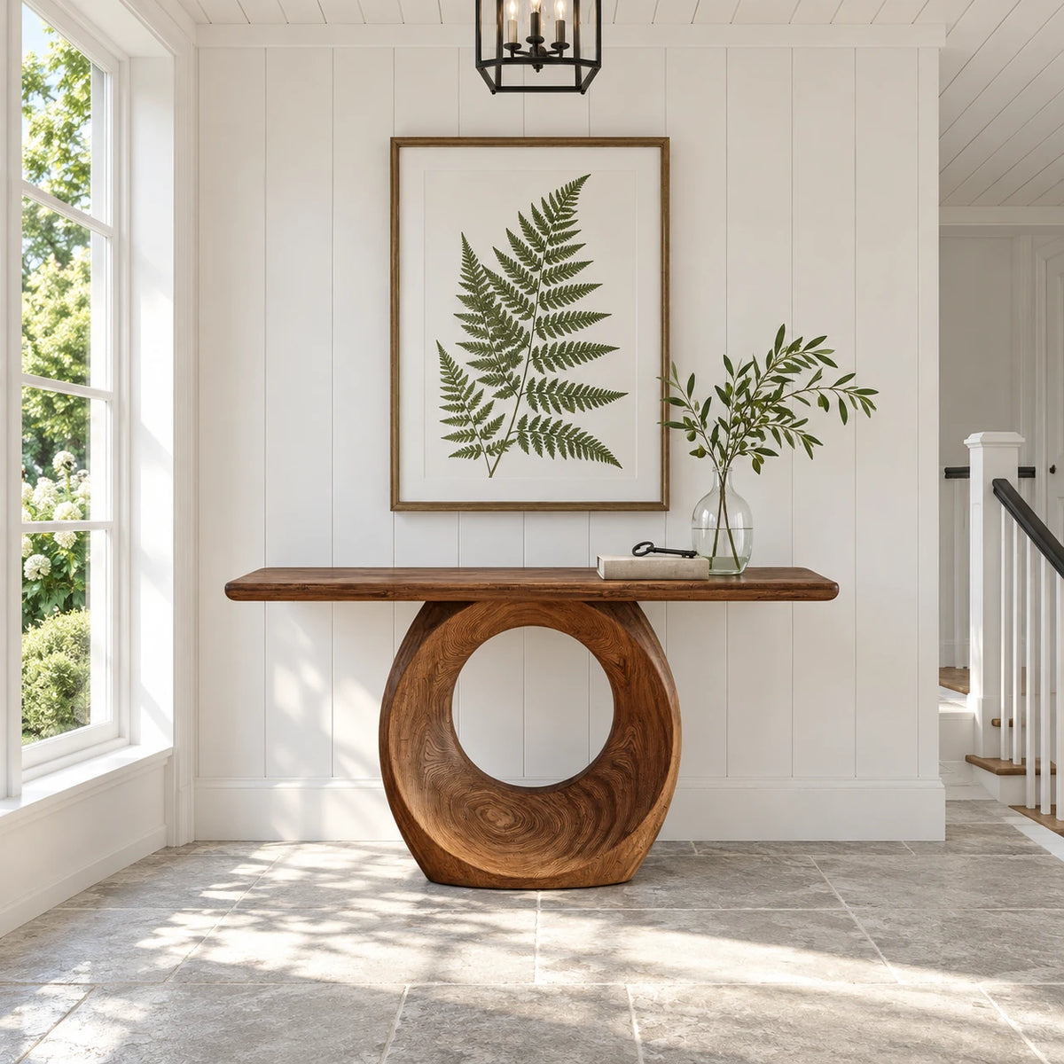 Narrow Console Table with Oval Ring-Pierced Pedestal and Rounded-End Slab Top - Arboriswood - 9