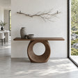 Narrow Console Table with Oval Ring-Pierced Pedestal and Rounded-End Slab Top - Arboriswood
