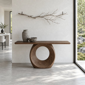 Narrow Console Table with Oval Ring-Pierced Pedestal and Rounded-End Slab Top - Arboriswood