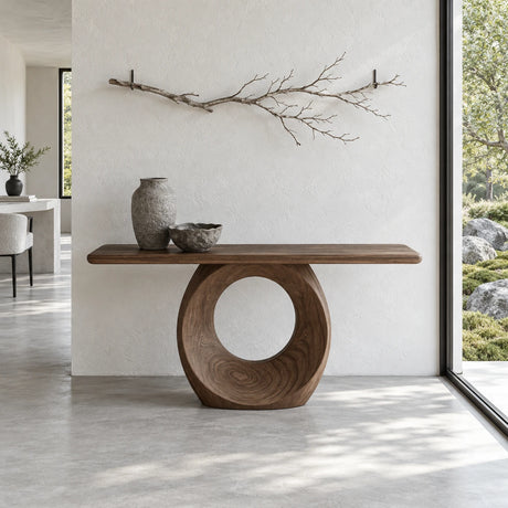 Narrow Console Table with Oval Ring-Pierced Pedestal and Rounded-End Slab Top - Arboriswood