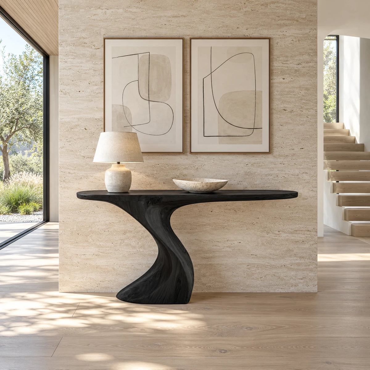 Narrow Console Table with Sculptural Pedestal Base in Natural Solid Wood - Arboriswood - 10